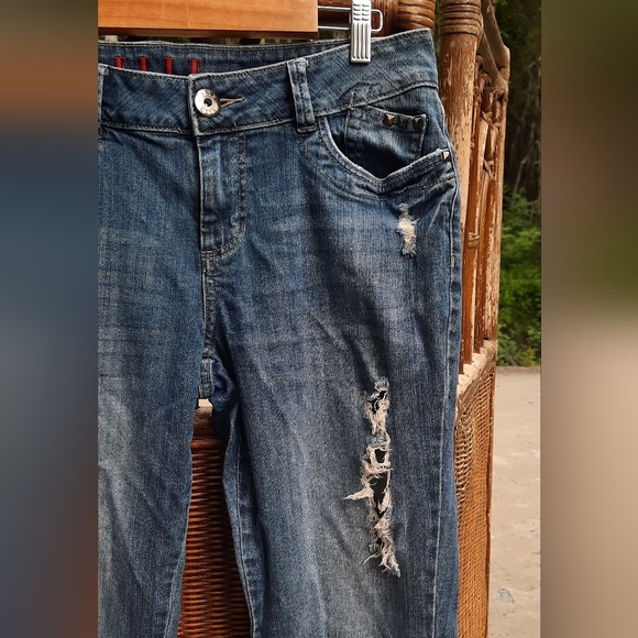 🍀3/15 Cropped Distressed Elle Blue Jeans - Picture 3 of 7